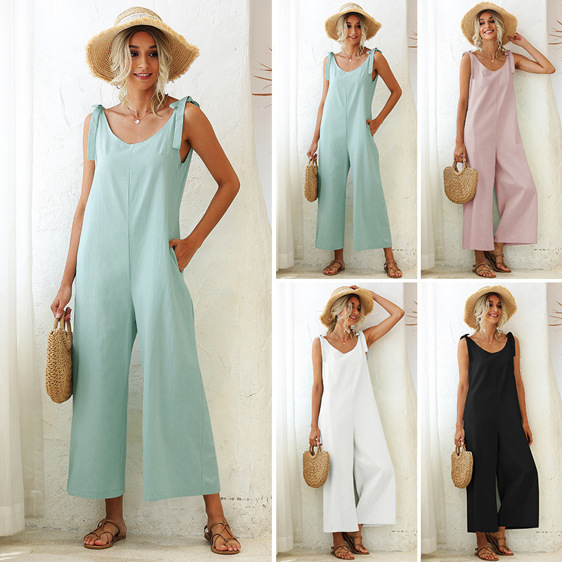 Summer loose solid color straight tube jumpsuit