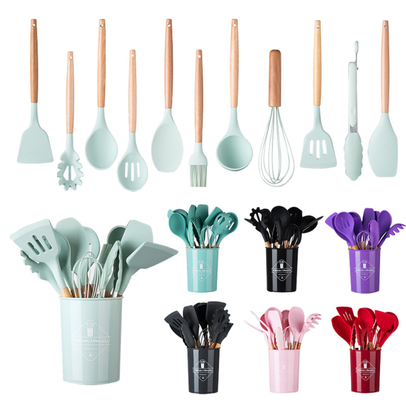 11 Pcs Silicone Cooking Kitchen Utensils Set with Holder, Wooden Handles BPA Free Non Toxic Silicone Turner Tongs Spatula Spoon Kitchen Gadgets Utensil Set for Nonstick Cookware