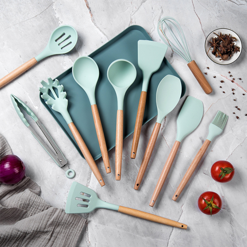 11 Pcs Silicone Cooking Kitchen Utensils Set with Holder, Wooden Handles BPA Free Non Toxic Silicone Turner Tongs Spatula Spoon Kitchen Gadgets Utensil Set for Nonstick Cookware