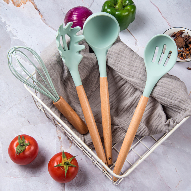 11 Pcs Silicone Cooking Kitchen Utensils Set with Holder, Wooden Handles BPA Free Non Toxic Silicone Turner Tongs Spatula Spoon Kitchen Gadgets Utensil Set for Nonstick Cookware