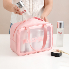 Nevenka PU Waterproof Makeup Bag Portable Large Capacity Transparent Wash Bag Travel Scrub Cosmetics Storage Bag Swimming Bag