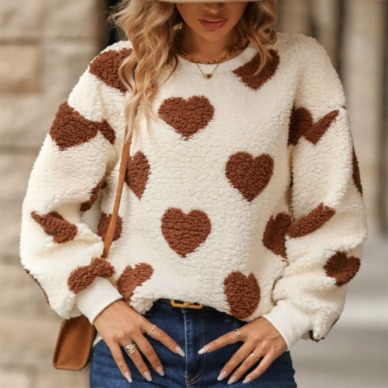 Autumn Winter New Plush Love Print Loose Long Sleeve Round Neck Pullover Sweater