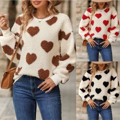 Autumn Winter New Plush Love Print Loose Long Sleeve Round Neck Pullover Sweater