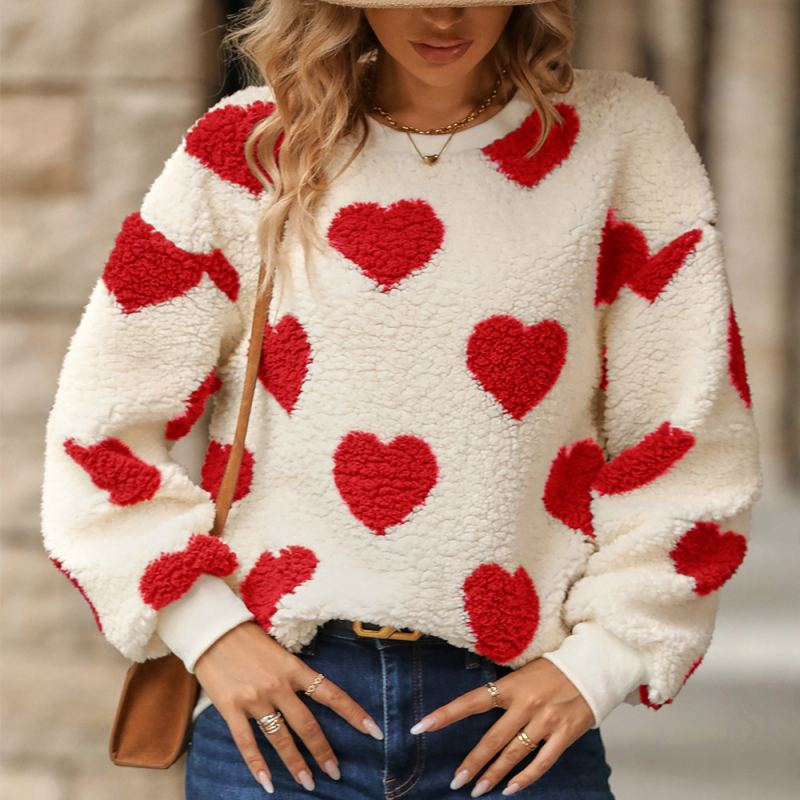 Autumn Winter New Plush Love Print Loose Long Sleeve Round Neck Pullover Sweater