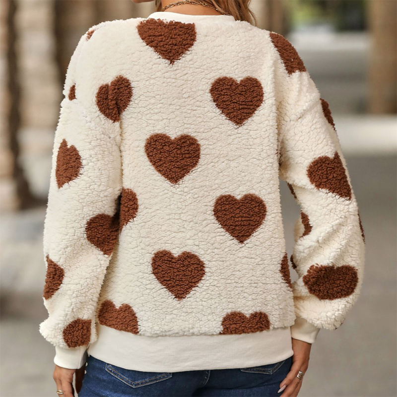 Autumn Winter New Plush Love Print Loose Long Sleeve Round Neck Pullover Sweater