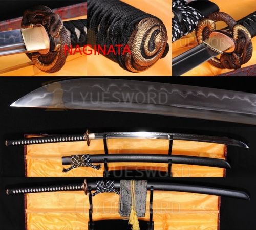 Full Tang Japanese Sword Naginata Damascus Folded Steel Clay Tempered Unokubi-Zukuri Blade Real Cut