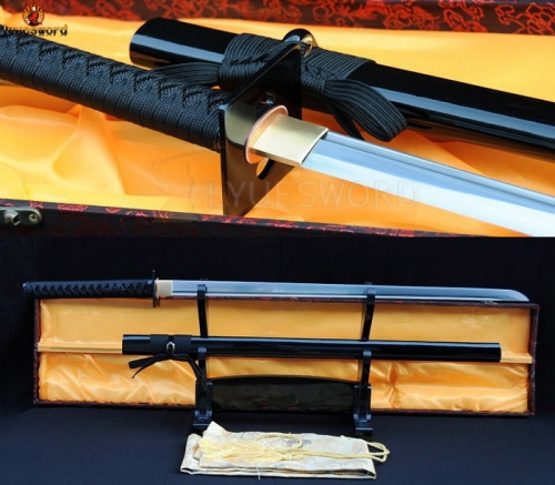Full Tang Japanese Samurai Sword Ninja Damascus Folded Steel Sharp Black Iron Tsuba
