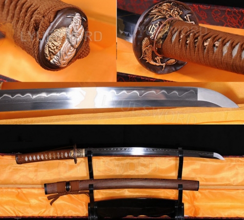 Hualee Wood  Japanese Samurai Sword Wakizashi t10 Steel Clay Tempered Blade Full Tang Razor Sharp Dragon Tsuba