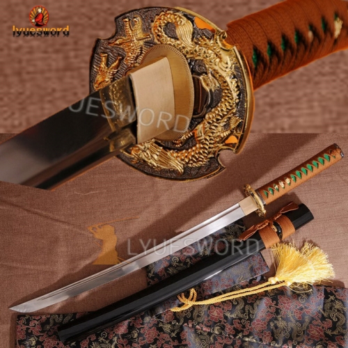 Handmade Japanese Samurai Sword Wakizashi Folded Steel Sharp Blade Dragon Tsuba