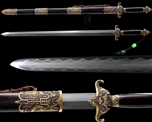 Hand Forged Chinese Sword / Qianlong's Emperor Jian / Clay Temepred Differentially Hardened Folded Pattern Steel / Ebony Sheathe / Very Sharp Blade