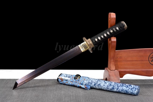 Hand Forged Red Damascus Steel Blade Japanese Sword Tanto Full Tang Straight Sharp Edge Brass Tsuba