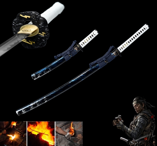 Ghost of Tsushima Cosplay Replica Sword set Battle Ready Sword Katana T10 Steel Fully Hand Forged Clay Tempered Blade Full Tang Razor Shapr Blade