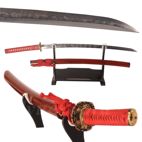 Hand Polished Katana Japanese Samurai Sword Clay Tempered Damascus Folded Steel Hitatsura Hamon Sharp Blade