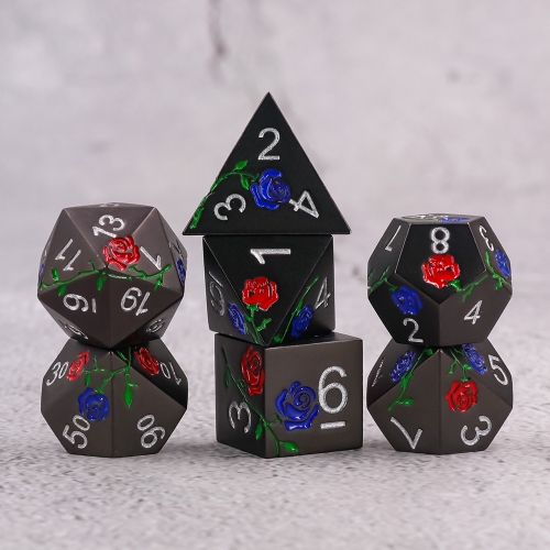 Red and Blue Rose Electroplated Matte black metal dice