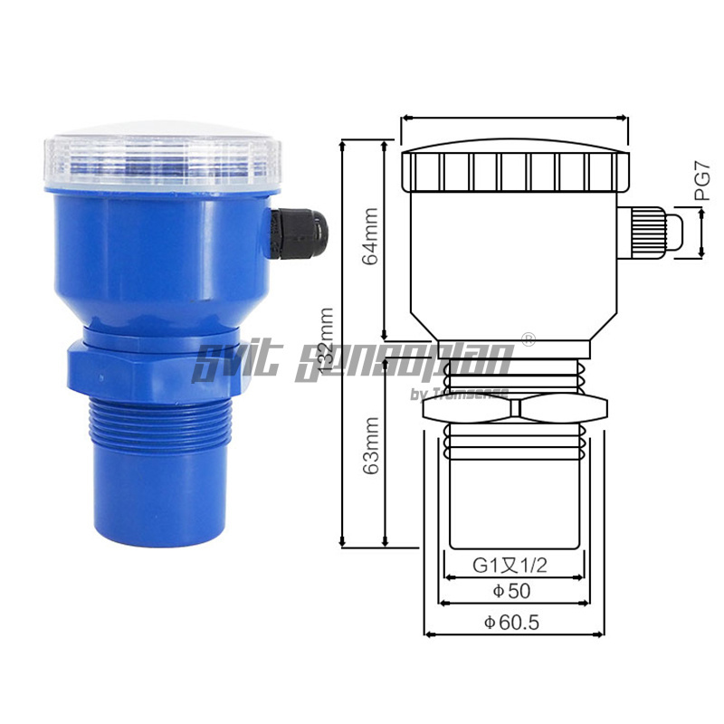 Medidor de nível ultrassônico compacto Trumsense para líquidos, monitor de altura de materiais e sensores de nível de água. Medição ultrassônica de altura de pilhas de pó sólido. Faixa de medição: 0 a 8 m. Precisão: 0,3 mm. Saídas: 4 a 20 mA RS485 ou 1 a 