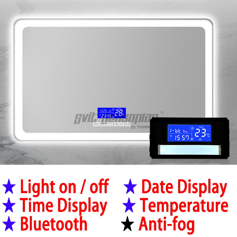 Trumsense K3015CBH Multi-function Touch Panel Turn on off LED Strip Date Time Temperature Bluetooth and Anti-fog film on off Control Install on Back for Mirror of Bathroom,Washroom,Bedroom, Bar,Hotel,Beauty Salon,Coffee Shop,Sitting Room,KTV,Homestay