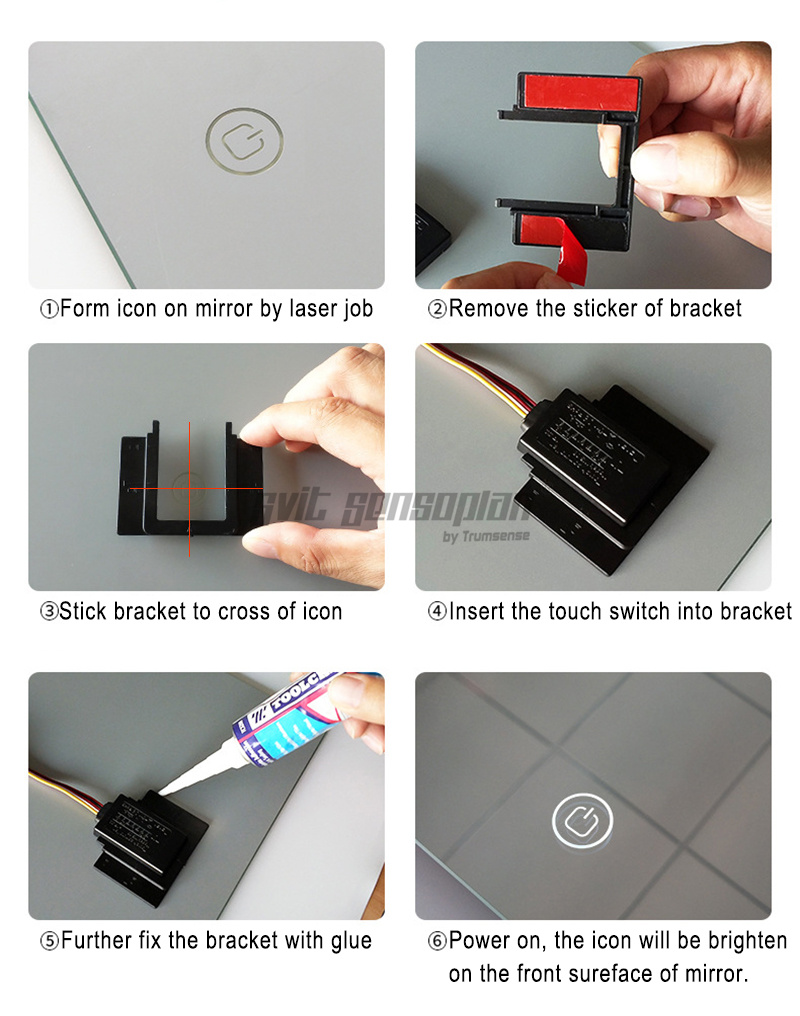 Trumsense Bathroom Light Mirror Touch Switch K3013BA-S1-B AC 90 to 240V Input and AC 90 to 240V Output Control On Off of LED Strip and Anti-fog Film Used for Hotel or Home