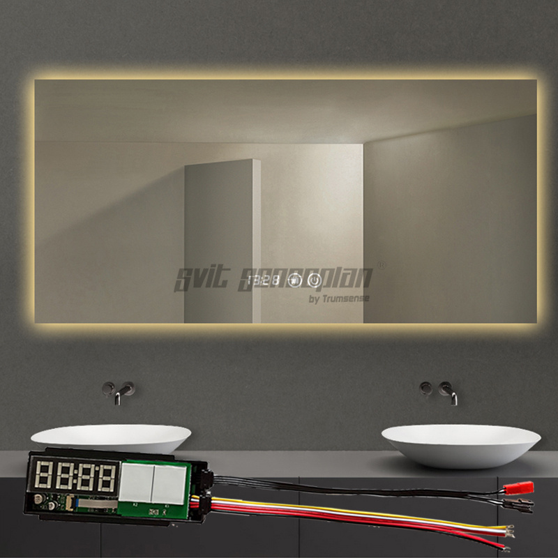 Trumsense K3102A-S5A-WB Time Temperature Display Switch Bathroom Mirror Led Dimming Control Defog Film and 2 Colour LED Strip