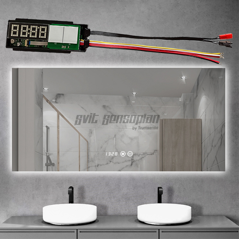 Trumsense K3102A-S5A-WB Time Temperature Display Switch Bathroom Mirror Led Dimming Control Defog Film and 2 Colour LED Strip