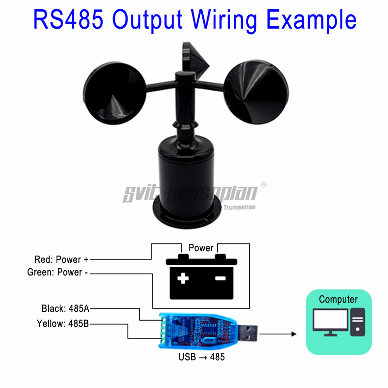 Trumsense STTWS930232 Anemometer Wind Speed Sensor 3 Cup Wind Speed Meter Wind Speed Transducer 9 to 30 V Power Supply RS232 Output Polycarbon Material For Weather Station