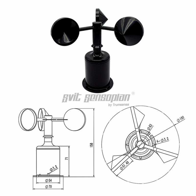 Trumsense STTWS930232 Anemometer Wind Speed Sensor 3 Cup Wind Speed Meter Wind Speed Transducer 9 to 30 V Power Supply RS232 Output Polycarbon Material For Weather Station