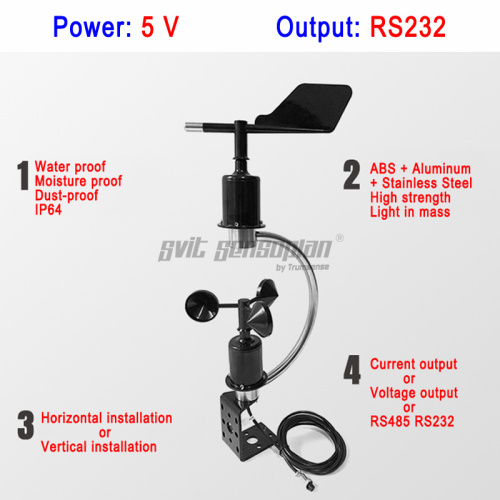Sensor de velocidade e direção do vento Trumsense STTWSWDI5232C com design integrado em formato de C, alimentação de 5V e saída RS232, com diversas opções de instalação.