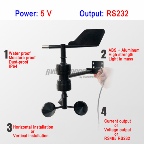 Trumsense STTWSWDI5232T Wind Speed And Direction Sensor Integrated T Shape Design 5V Power Supply RS232 Output With Various Installation Position Options