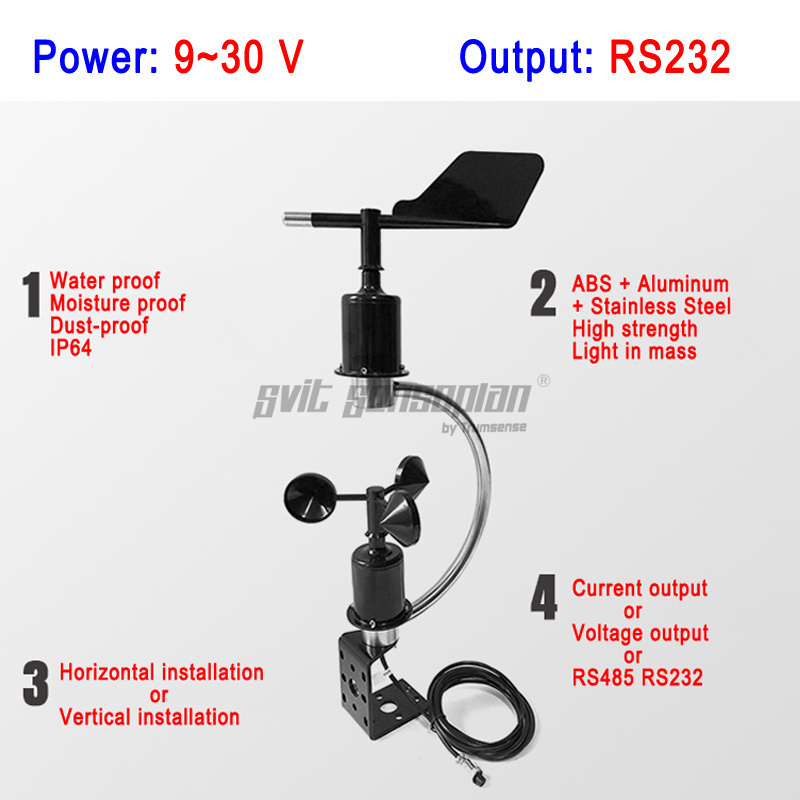 Trumsense STTWSWDI930232C Wind Speed and Direction Sensor Integrated Design 9-30V Power RS232 Output Water Proof High Precision Can Be Connected To Plc Computer Server