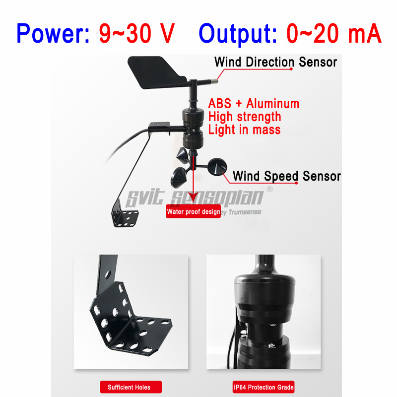 Trumsense STTWSWDI930020S Integrated Wind Speed and Direction Sensor 9 to 30V Power Supply 0 to 20mA Output Compliant with the CIMO Guide of WMO