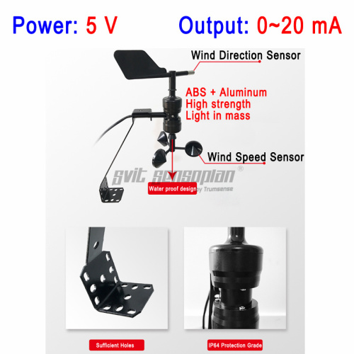 Sensore di velocità e direzione del vento integrato di tipo S, tipo Trumsense STTKWSWDI5020S, alimentato a 5 V CC, con uscita da 0 a 20 mA, resistente all'acqua e ai fulmini.