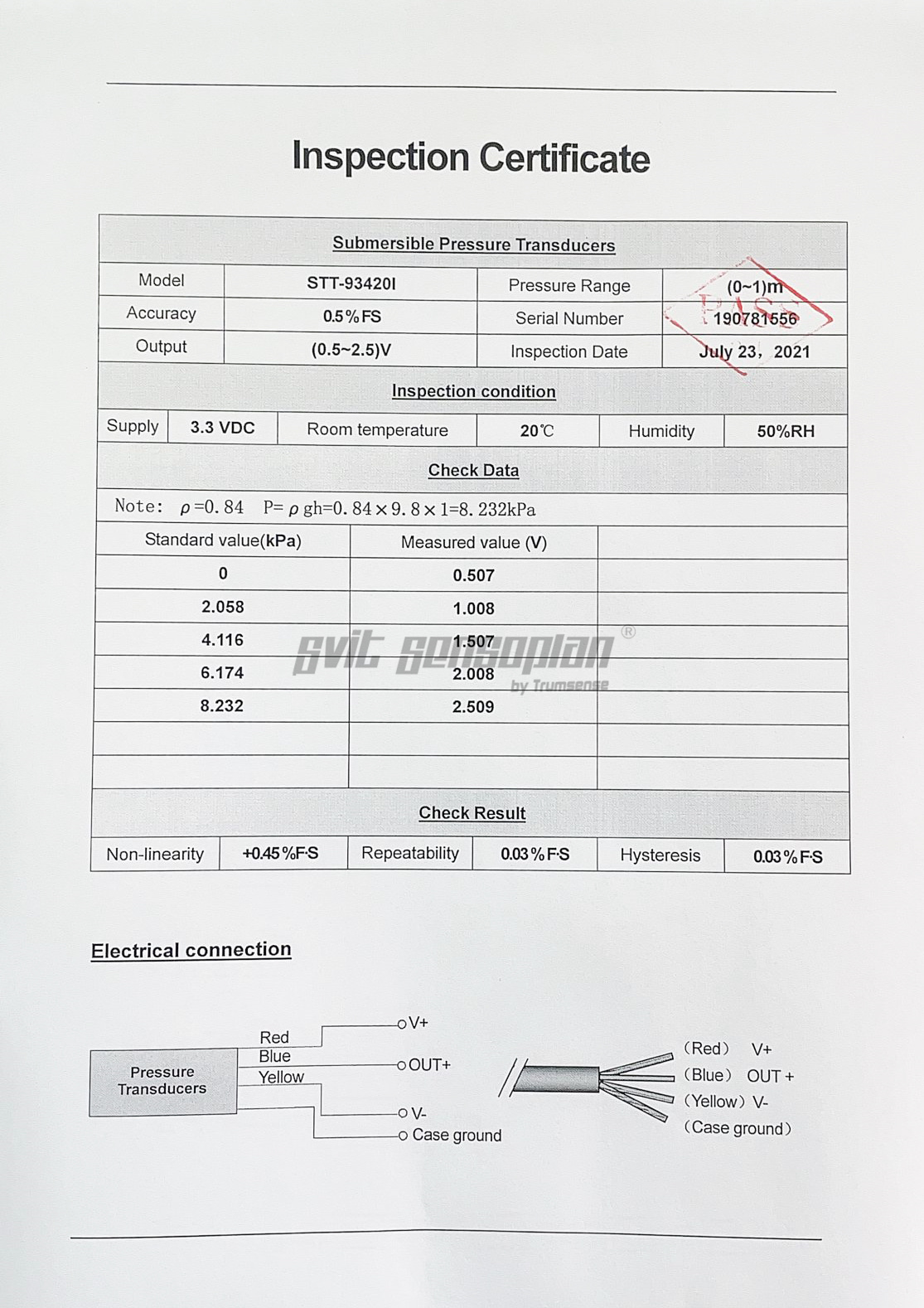 Trumsense STT-93420I Throw-in Type Liquid Level Transmitter 1 m 3.3V DC Power 0.5 to 2.5V Output PTFE Material for Diesel or Gasoline