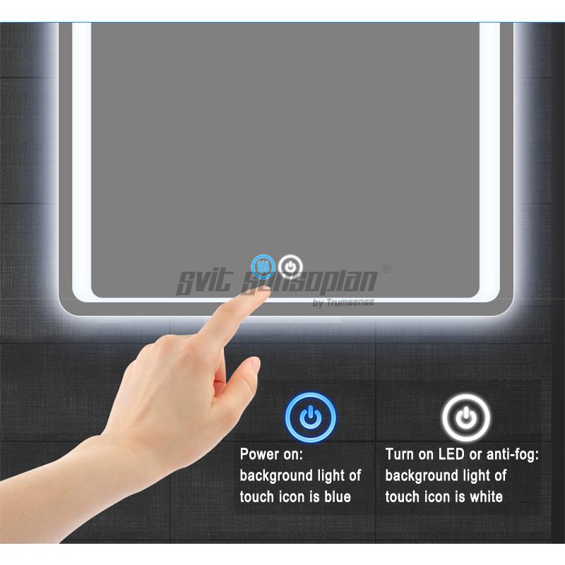 Interruptor de toque de espelho LED Trumsense WS08D2-S2-BW Escurecimento contínuo e desembaçador de controle para banheiro de hotel ou casa de banho