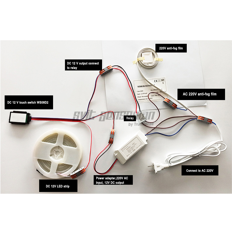 Interruptor de toque de espelho LED Trumsense WS08D2-S2-BW Escurecimento contínuo e desembaçador de controle para banheiro de hotel ou casa de banho