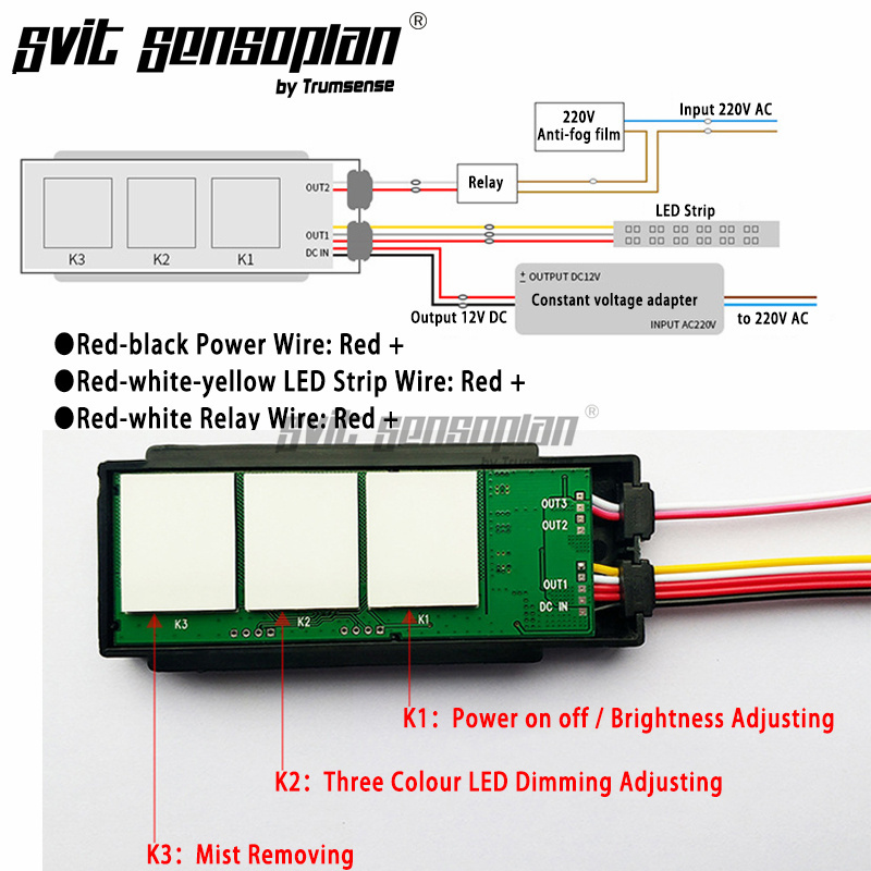 Trumsense WS08F3-M6-BW Dimming Touch Switch for Bathroom LED Light Mirror Control 2 Color LED Strip Brightness With Anti Fog