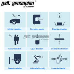 Detector de distancia ultrasónico Trumsense con salida de 4 a 20 mA, aplicado para medir el nivel de productos químicos, aceite, leche o agua presentes en el tanque, con un rango de 60 mm a 1000 mm, alimentación de 10 a 30 V y precisión del 0,3 %.