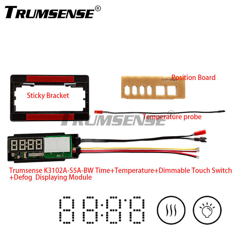 Trumsense K3102A-S5A-WB Time Temperature Display Switch Bathroom Mirror Led Dimming Control Defog Film and 2 Colour LED Strip
