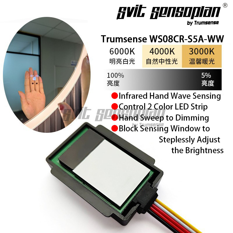 Trumsense Infrared Hand Scan Sensor Switch WS08CR-S5A-WV 60 W 15cm Sensing Distance Steplessly Dimming for Bathroom LED Mirror