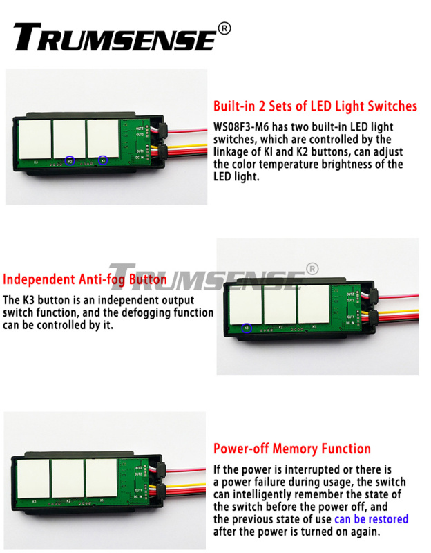 Interruptor para espejo LED de baño Trumsense® WS08F3-M6-BW con atenuación continua, ajuste de 3 colores y función antivaho táctil.