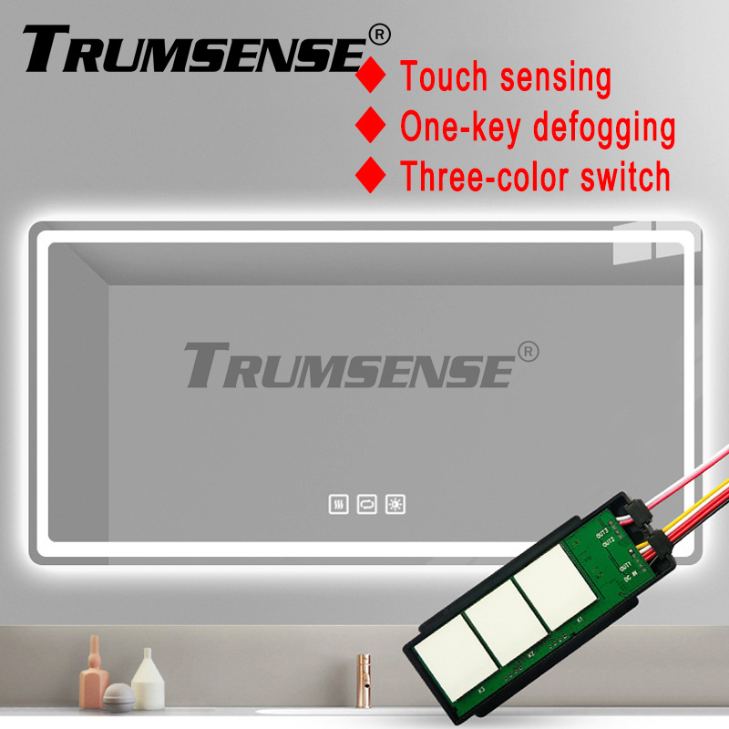 Interruptor para espejo LED de baño Trumsense® WS08F3-M6-BW con atenuación continua, ajuste de 3 colores y función antivaho táctil.
