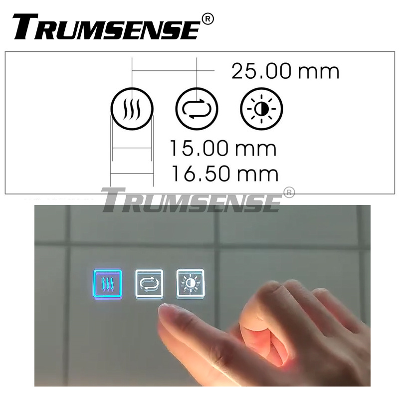 Interruptor para espejo LED de baño Trumsense® WS08F3-M6-BW con atenuación continua, ajuste de 3 colores y función antivaho táctil.