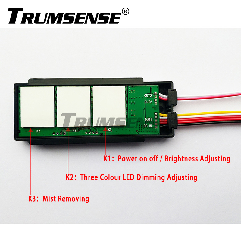 Interruptor para espejo LED de baño Trumsense® WS08F3-M6-BW con atenuación continua, ajuste de 3 colores y función antivaho táctil.