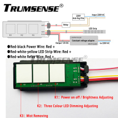 Interruptor para espejo LED de baño Trumsense® WS08F3-M6-BW con atenuación continua, ajuste de 3 colores y función antivaho táctil.