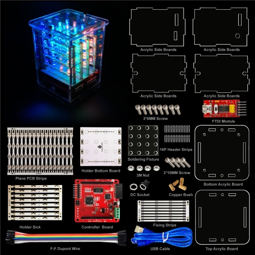 Keyestudio 4*4*4 RGB LED Display  CUBE Starter Kit for Arduino project+RGB Driver board+FDTI module (Unassembled)