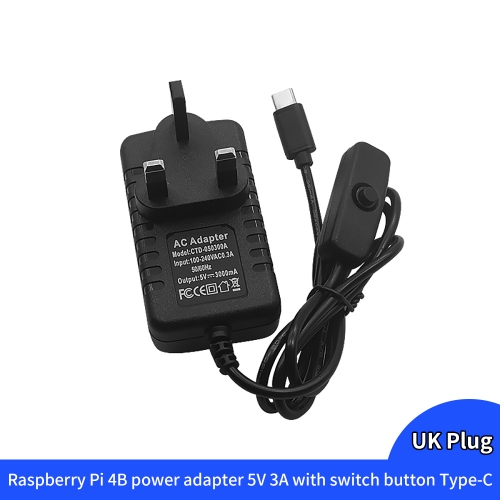 Raspberry Pi 4B power adapter 5V 3A with switch button Type-C interface motherboard power supply UK Plug