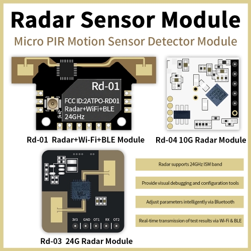 Keyestudio Micro PIR Motion Sensor Rd-01 Radar+Wi-Fi+BLE Module With Socket +2.4G FPC Antenna (29*9mm) 24G Radar 2.54MM Pin Header