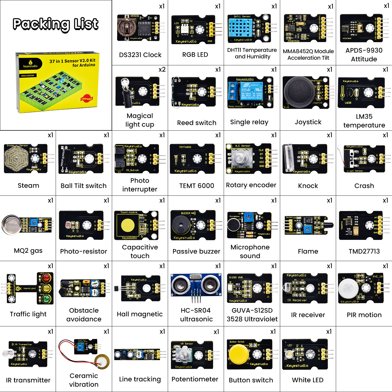Keyestudio Sensor Starter V2.0 Kit 37 in 1 Box Sensor Kit for Arduino ...
