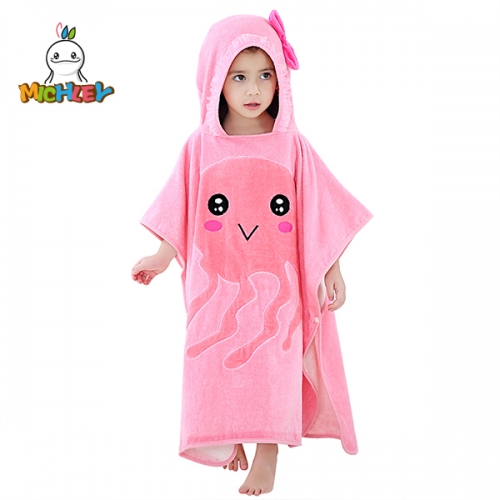 MICHLEY Pink Jellyfish Printed Children's Bathrobe for Girls,Kids Bath Towels for Travel,Absorbent High Quality Children's Bathrobe（1-6 Years)