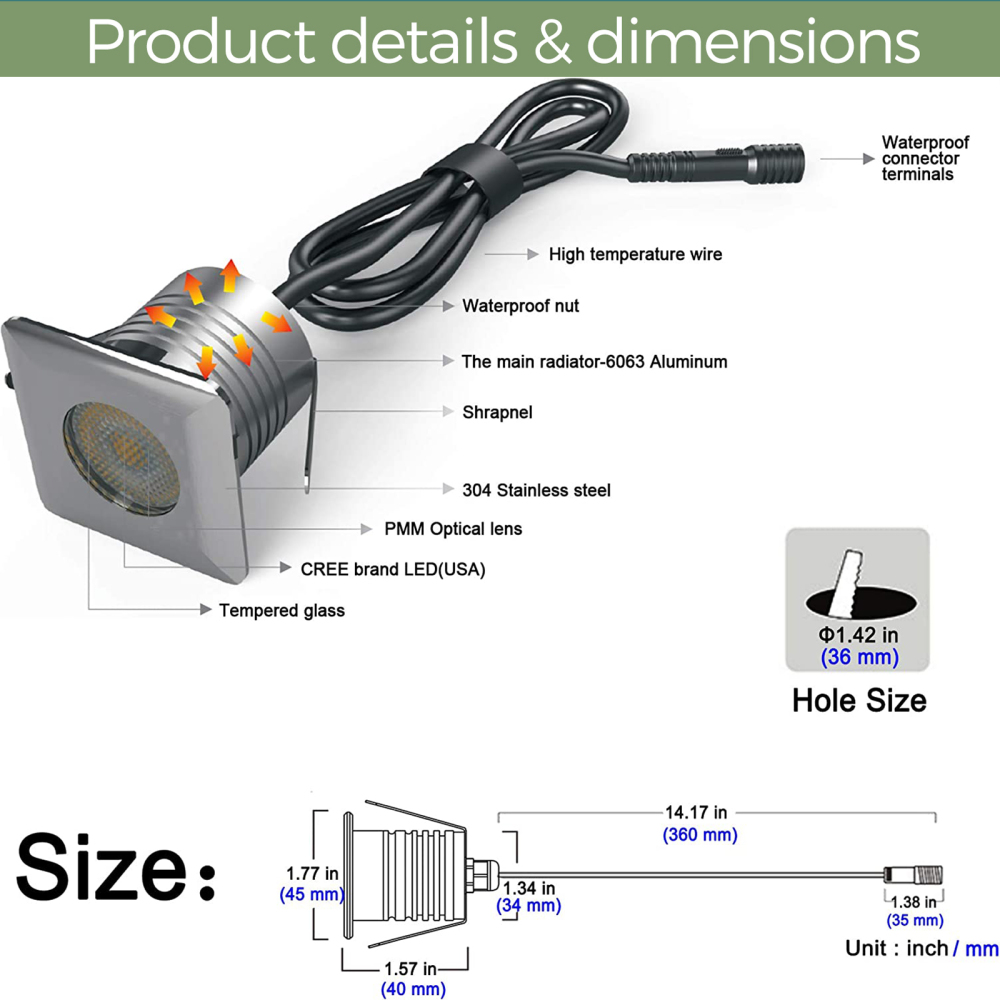GARDENCOIN 3W LED In-Ground Well Lights Square,DC12V-24V Waterproof IP68,Aluminum&Stainless Steel,Buried Underground Outdoor Landscape Lightings,Warm White 3000K&Cool White 5000K