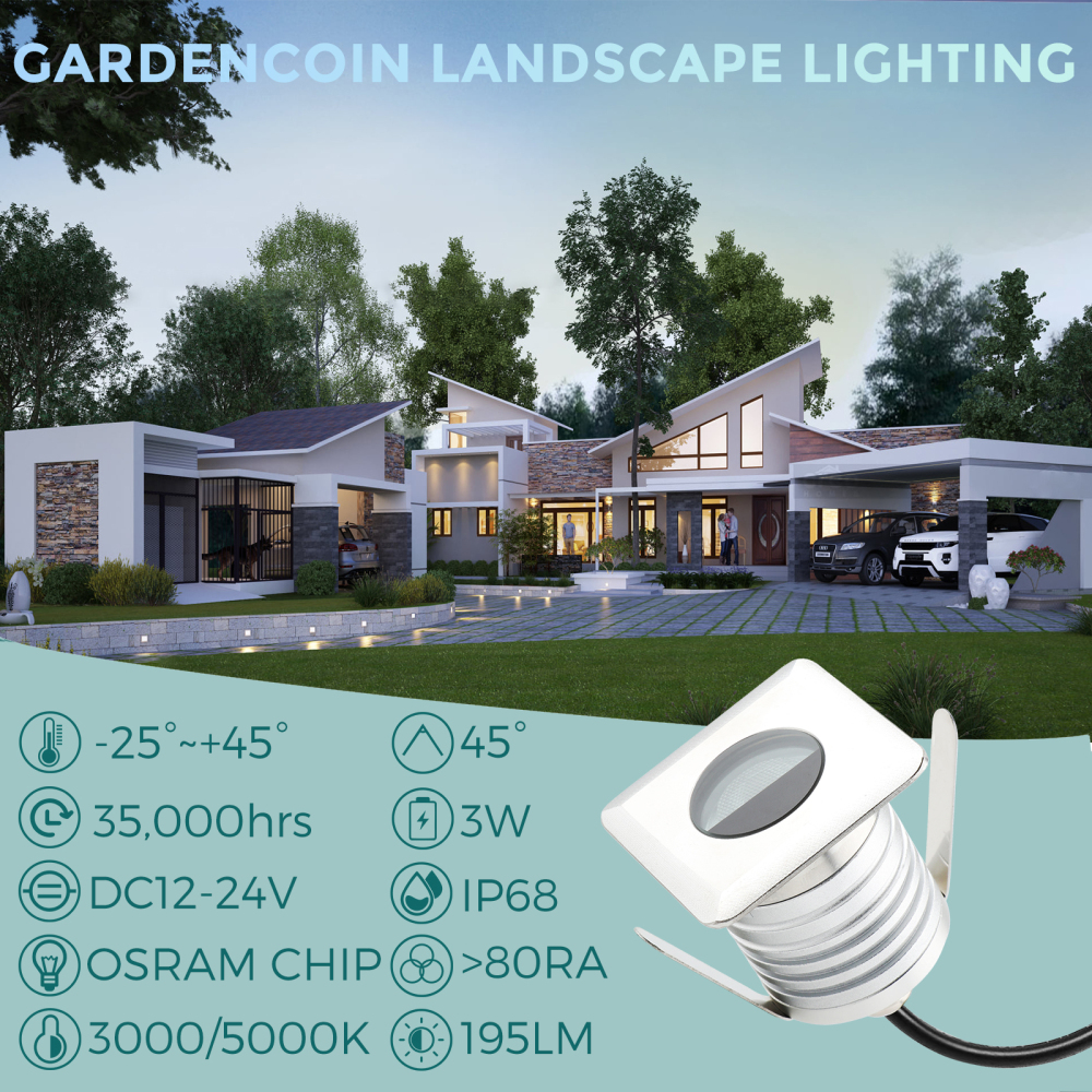 GARDENCOIN LED In-Ground Well Lights Square,3W, DC12V-24V Waterproof IP68,Aluminum&Stainless Steel,Buried Underground Outdoor Landscape Lightings,Warm White 3000K&Cool White 5000KI