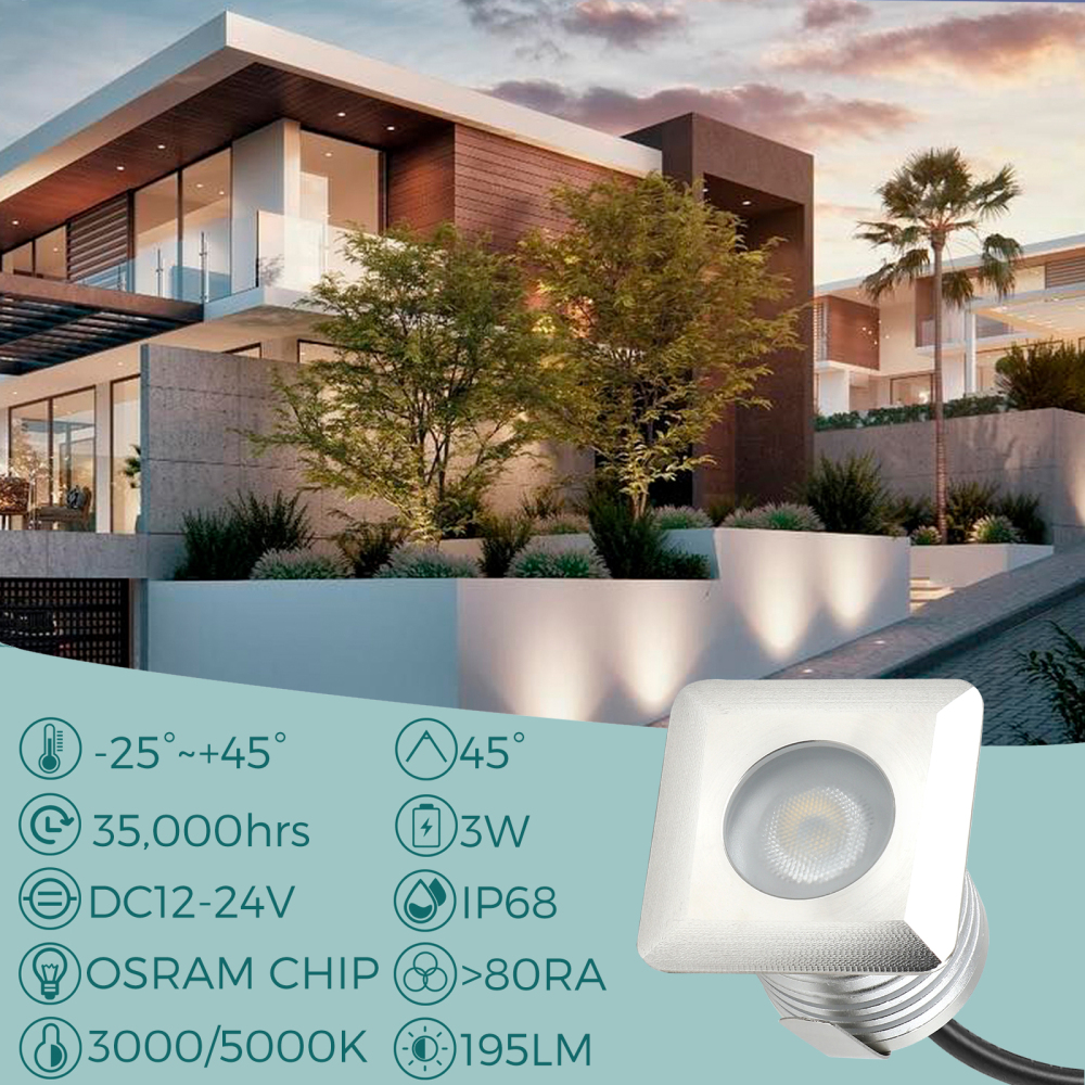 GARDENCOIN 3W LED In-Ground Well Lights Square,DC12V-24V Waterproof IP68,Aluminum&Stainless Steel,Buried Underground Outdoor Landscape Lightings,Warm White 3000K&Cool White 5000K